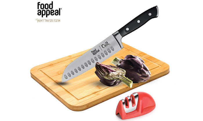 3 מארז סכין סנטוקו, קרש חיתוך ומשחיז Food Appeal