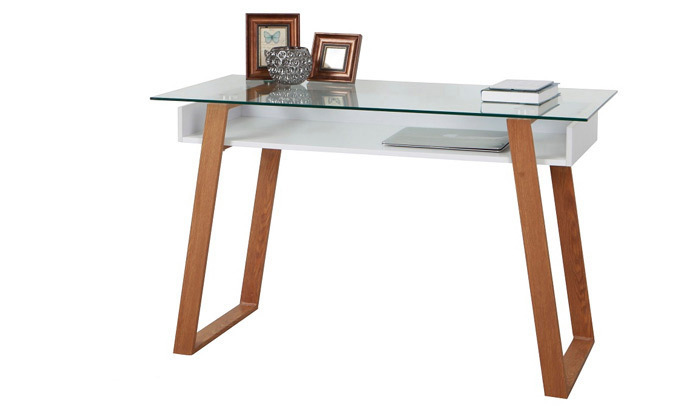 3 שולחן עבודה עם משטח זכוכית ומדף אחסון