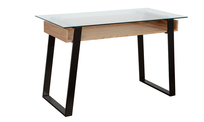 3 שולחן עבודה בעל משטח זכוכית ומדף