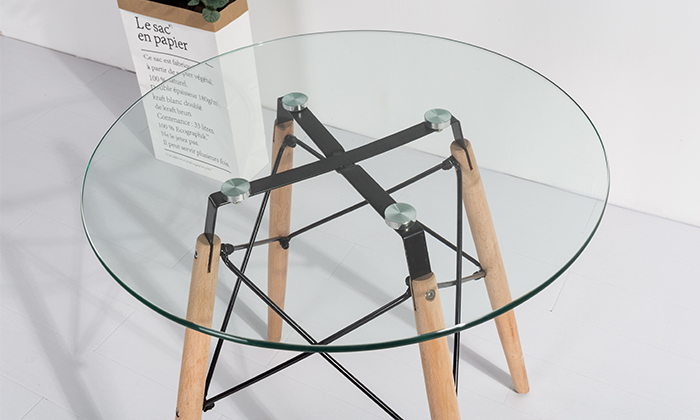 3 שולחן אוכל עגול עם משטח זכוכית ורגלי עץ מלא