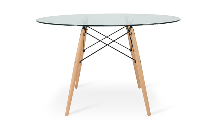 5 שולחן אוכל עגול עם משטח זכוכית ורגלי עץ מלא