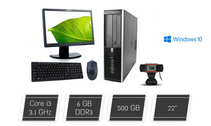 2 מחשב נייח מחודש HP/DELL/Lenovo עם זיכרון 6GB, מעבד i3, מסך "22, מקלדת, עכבר ומצלמה