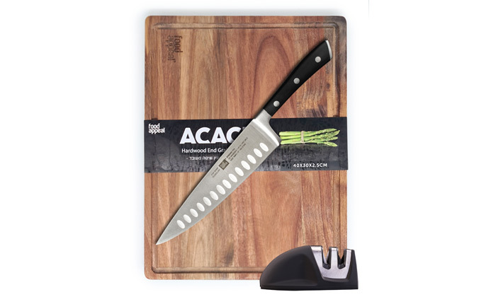 3 סט Food appeal: קרש בוצ'ר, סכין שף ומשחיז סכינים - משלוח חינם. 