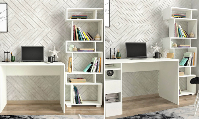 5 סט שולחן כתיבה וספרייה בצבע לבן דגם מירית