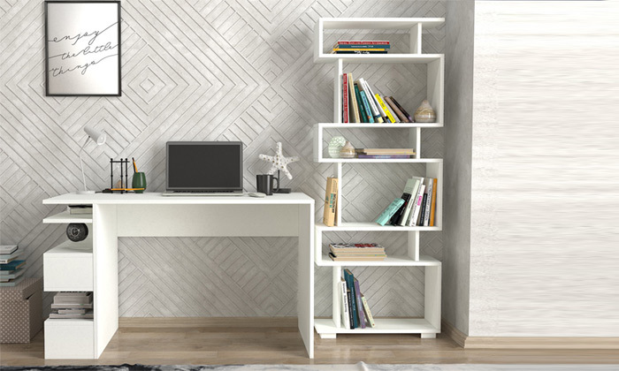 2 סט שולחן כתיבה וספרייה בצבע לבן דגם מירית