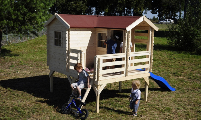 2 בית משחק מעץ מלא עם מגלשה לילדים Garden Top