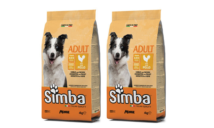 3 אניפט: 2 שקי מזון כלבים יבש 4 ק"ג Simba (סה"כ 8 ק"ג) בטעם לבחירה