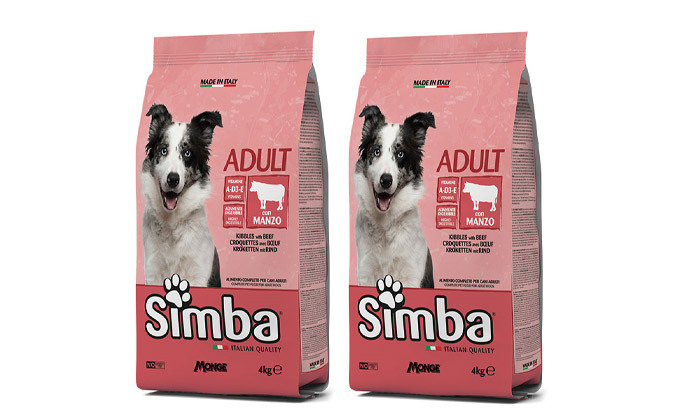4 אניפט: 2 שקי מזון כלבים יבש 4 ק"ג Simba (סה"כ 8 ק"ג) בטעם לבחירה