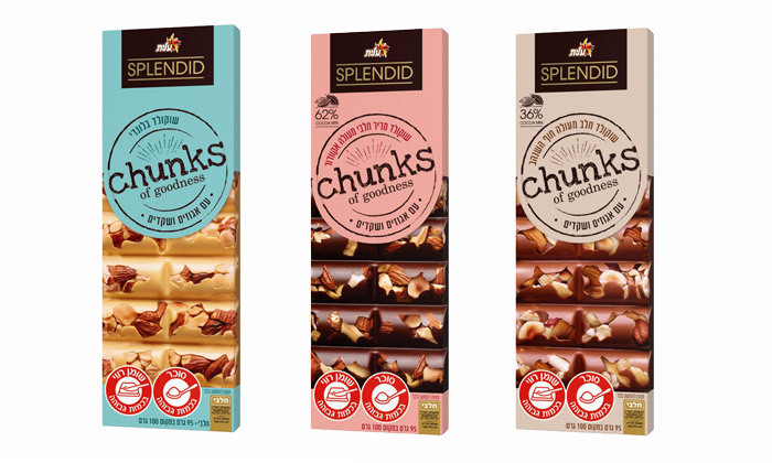 3 6 חפיסות שוקולד SPLENDID Chunks במגוון טעמים עם אגוזים ושקדים