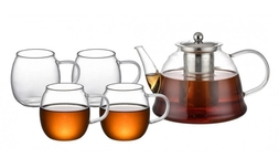 סט קנקן תה ו-4 כוסות זכוכית