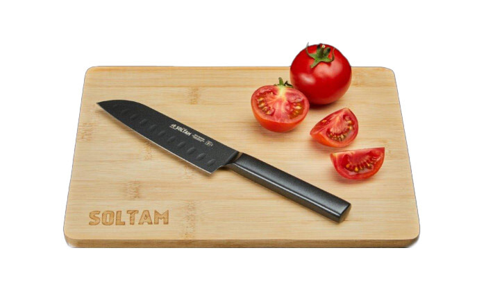 3  סולתם SOLTAM: סכין 12.5 ס"מ וקרש חיתוך מסדרת Black Edition