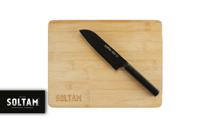 2  סולתם SOLTAM: סכין 12.5 ס"מ וקרש חיתוך מסדרת Black Edition