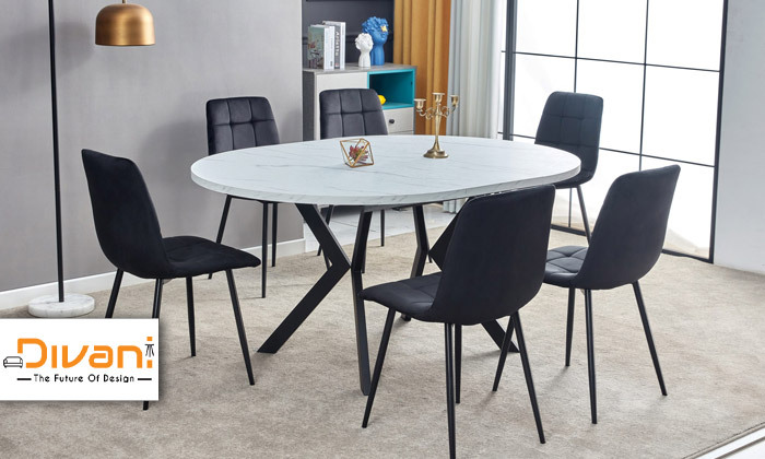 1 שולחן נפתח דגם אלאמוס דמוי שיש ו-6 כיסאות דגם סנדרין Vitorio Divani