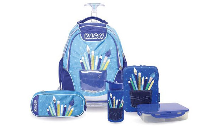 3 מארז לכיתות א-ב קל גב דגם עפרונות כחול: ילקוט טרולי, קלמר, קופסת אוכל ובקבוק