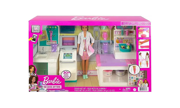 4 מארז ברבי רופאה Barbie עם 4 אזורי משחק ויותר מ-30 אביזרים