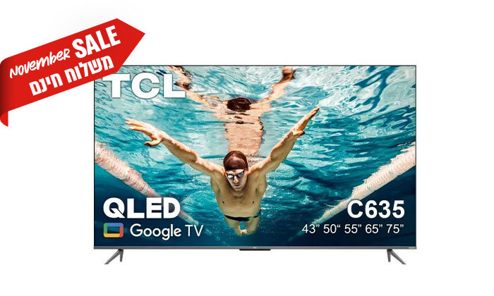 4 טלוויזיה חכמה 55 אינץ' TCL 4K QLED Google TV דגם 55c635