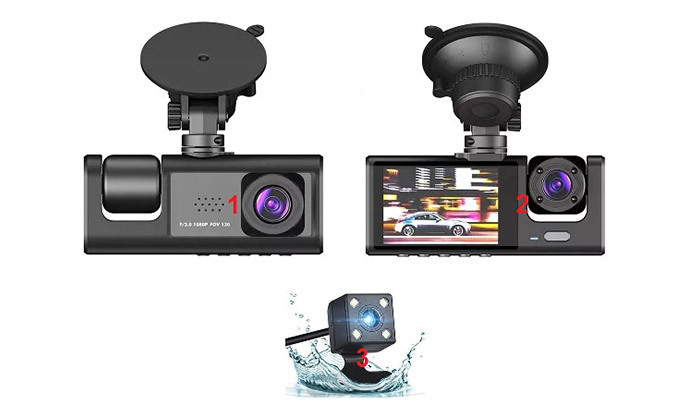 1 מצלמת דרך לרכב עם 3 עדשות ותאורת לילה דגם GTK3